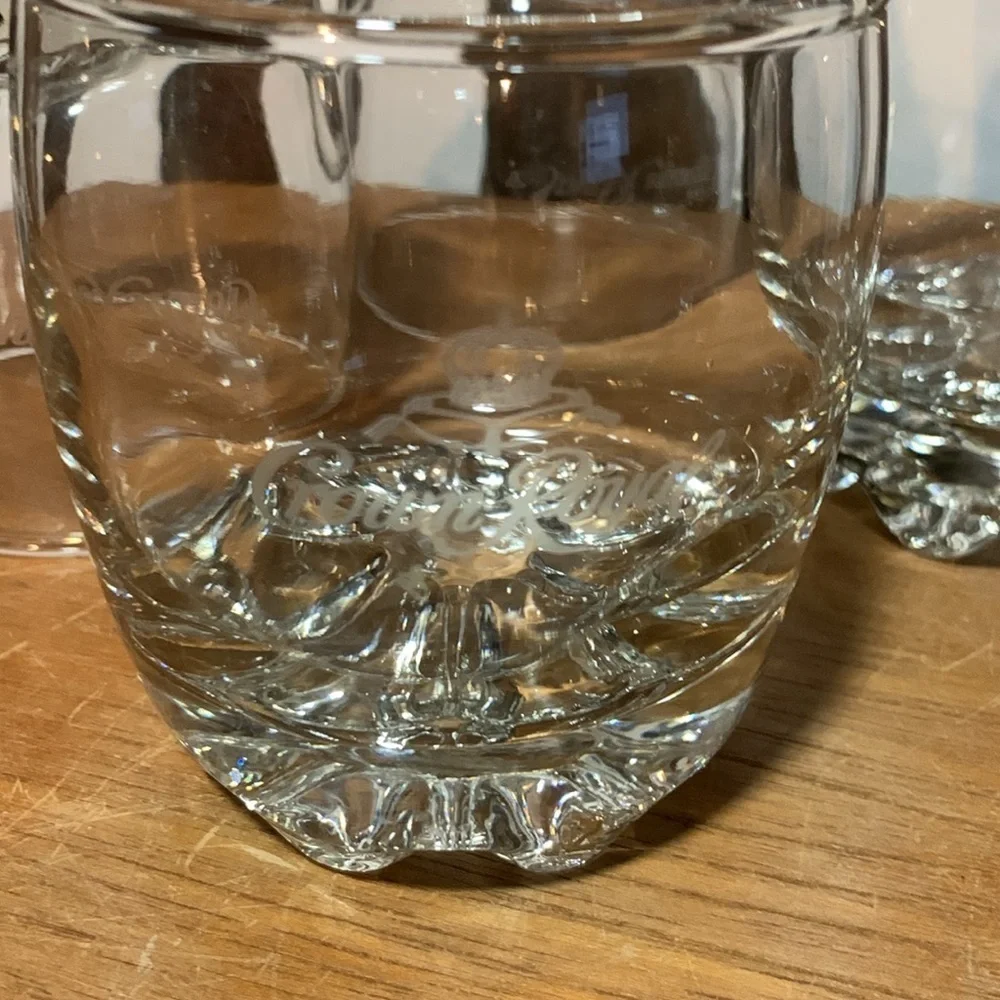 1990s Crown Royal Branded Bar 4 Glasses Etched Rocks  Glass Heavy Bottom Barware